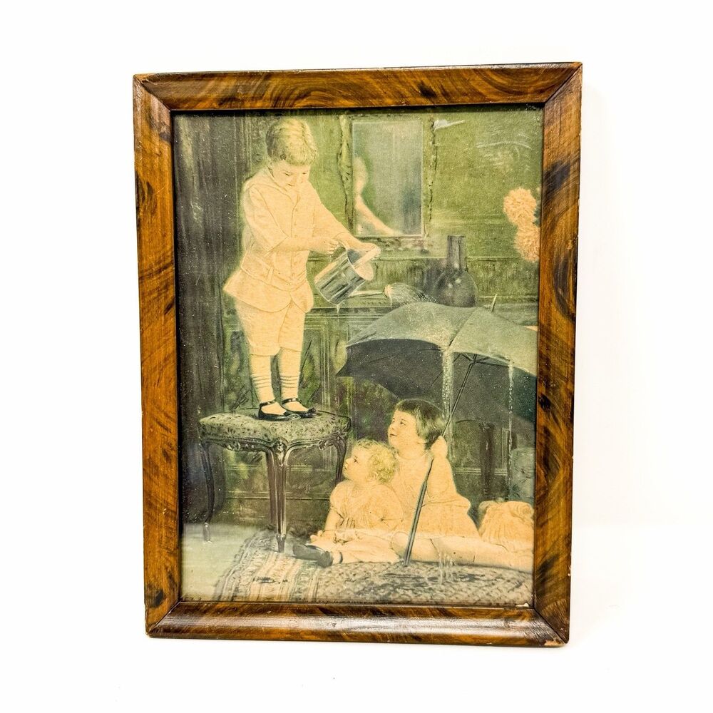 Antique 1920s Children Lithograph Print Nursery Art Faux Wood Grain Frame